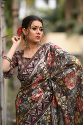 Delightful Kalamakari Worked Soft Linen Coffee Brown Cotton Saree